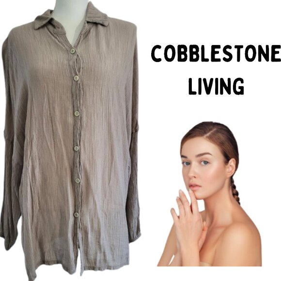 COBBLESTONE LIVING Tan Lagenlook Button Down Crinkle Shirt - Women's L/XL - Picture 1 of 7